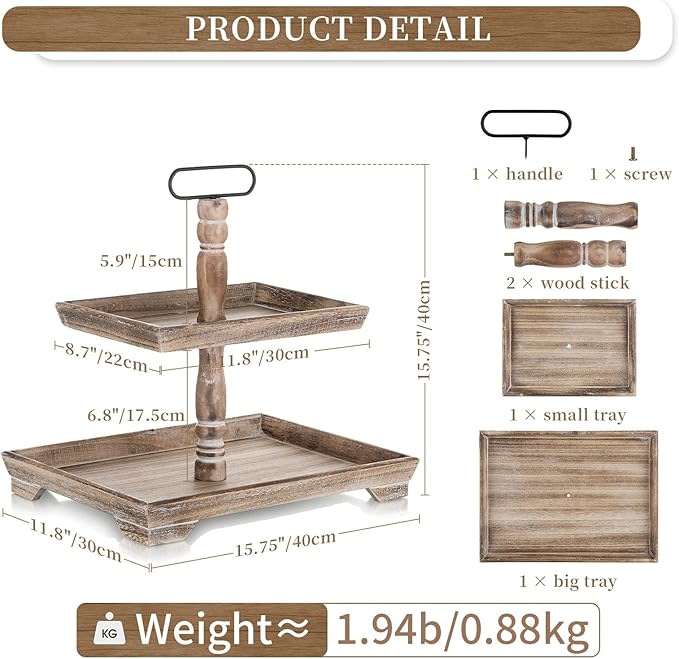 Hanobe Tiered Tray for Table Decor: Spring 2 Tier Decorative Tray Stand for Coffee Bar - Large Farmhouse Display Stands for Seasons - Wood for Kitchen Counter Decorations