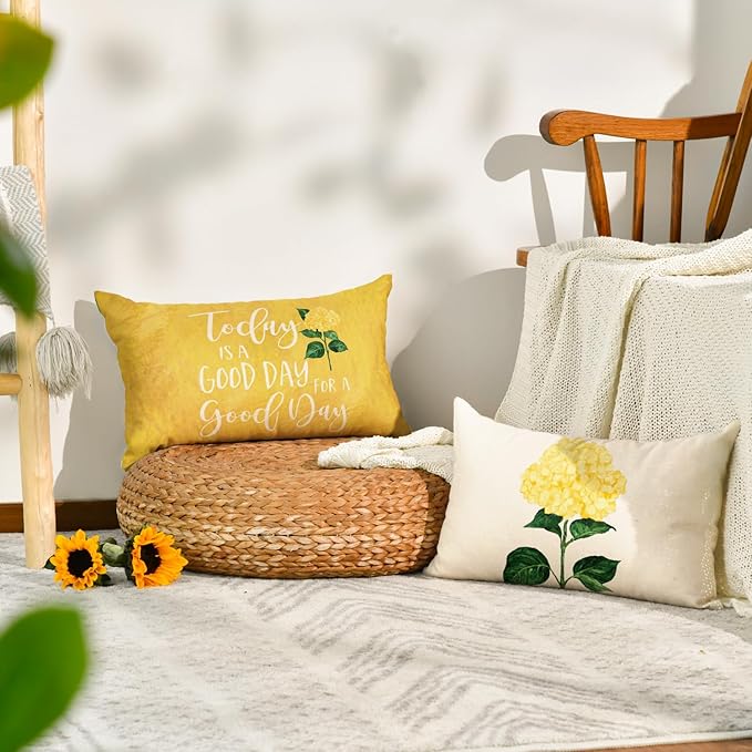 AVOIN colorlife Yellow Hydrangea Summer Throw Pillow Covers, 12 x 20 Inch Today is A Good Day Dark Yellow Cushion Case Decoration for Sofa Couch Set of 4