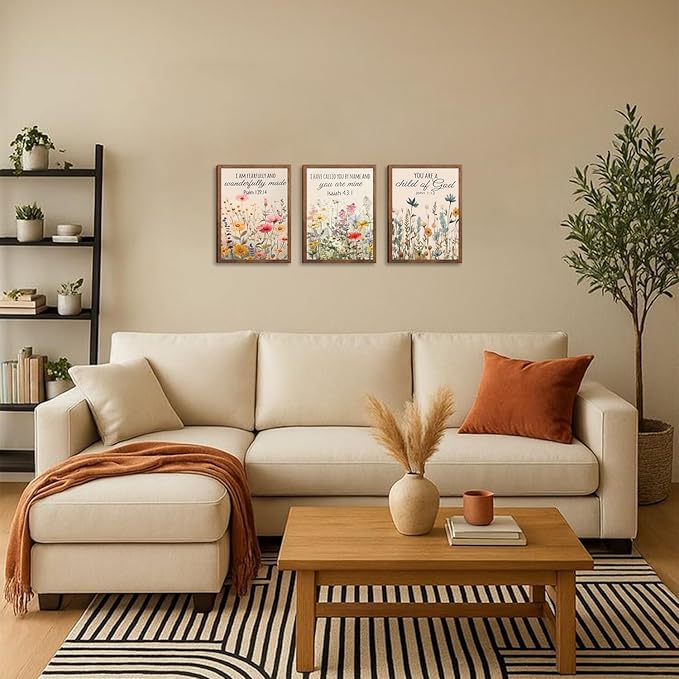 Christian Floral Bible Verse Wall Art Set of 3, Flower Canvas Wall Decor, Steadfast Love Of Lord Religious Faith Posters Prints for Prayer Room Living Room Bedroom Home Decoration 12x16in Wood Framed