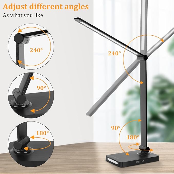 LED Desk Lamp with USB Ports,Touch Desk Lamps for Home Office with 5 Color Modes,3 Brightness Desk Light with Small Night Light,Reading Lamp Table Lamp for Bedroom Bedside Study Black （with adapter）