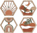 HPNIUB 4 Pcs Boho Wall Art Decor, Bohemian Geometric Hanging Wood Sign for Living Room, Aesthetic Abstract Desert Cactus, Minimalist Farmhouse Botanical Wooden Plaque for Apartment Bedroom(11''x9.8'')