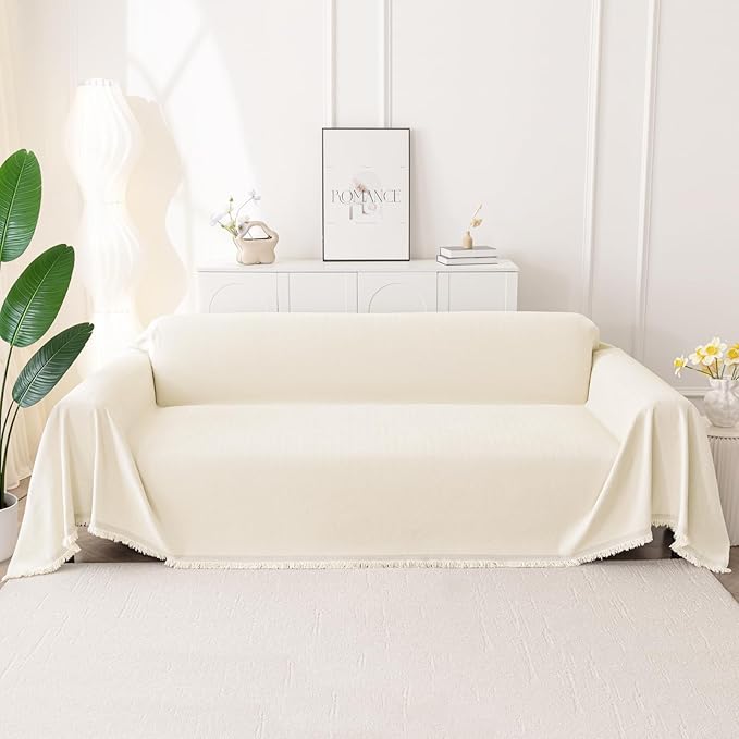 Smiry Couch Cover for Dogs, Washable Chenille Sofa Covers for 3 Cushion Couch, Soft Sofa Slipcover for Pets, Thick Sectional Furniture Protector with Tassels (Beige, 71x91 Inch)