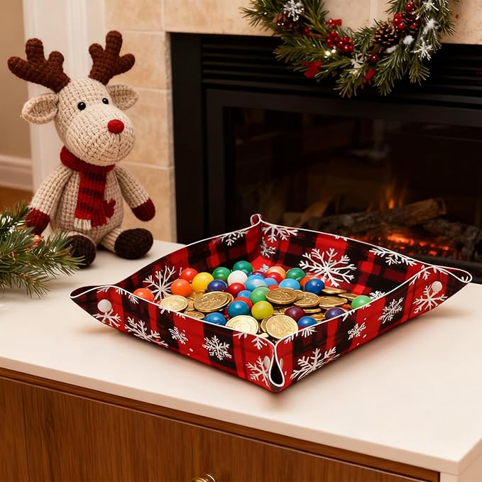 Tray Leather Valet Tray Snowflake Buffalo Plaid Catchall Trays Key Organizer Night Stand Organizer Bedside Vanity Trays Decor for Entryway Table