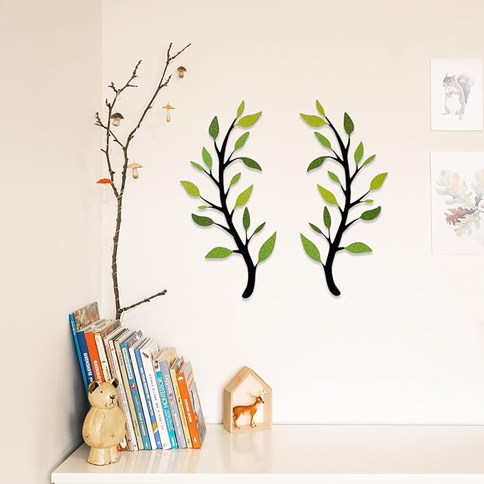 Yuzhuo 2 Pieces Metal Tree Leaf Wall Décor Branch Leaf Wall Art for Indoor Outdoor Garden Home Bedroom Living Room Decorations Iron Scroll Sculptures Above the Bed(Light Green, S)