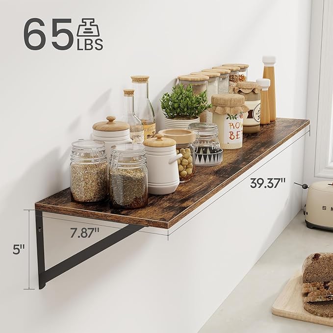 Heimlove Deep Floating Shelves for Wall, 40W x 8D Wood Wall Shelves Set of 2, Wide Floating Bookshelf for Living Room, Kitchen, Office, Bedroom and Decor Storage, with Metal Bracket - Rustic Brown