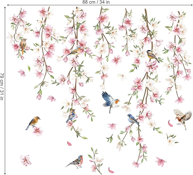 decalmile Hanging Flower Vine Wall Decals Pink Floral Leaves Birds Wall Stickers Bedroom Living Room Sofa TV Background Wall Decor