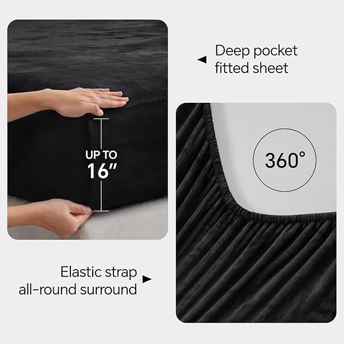 BEDELITE Flannel Sheets Queen Size Black - Super Soft Fleece Sheets Set Fluffy Extra Plush, 4 Piece(Include Fitted Sheet, Flat Sheet, 2 Pillowcases)