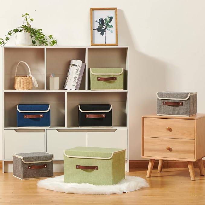 Storage Boxes with Lid Cotton Linen Fabric Storage Bins Organizer Container Decorative Collapsible Washable Shelf Baskets Faux Leather Handles for Home Bedroom Closet (Green, Large Size)