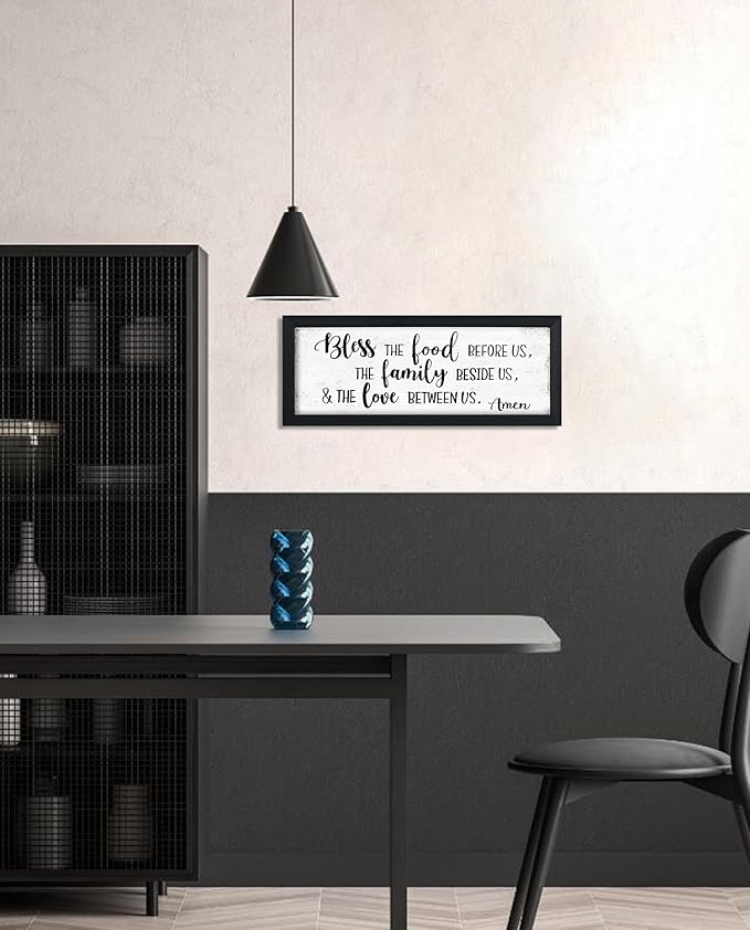 Bless the Food Before Us Wall Decor: Christian Bible Verse Wall Art Farmhouse Kitchen Dining Room Wall Decor Framed Small Plaque with Sayings - The Family Beside Us and The Love Between Us Signs