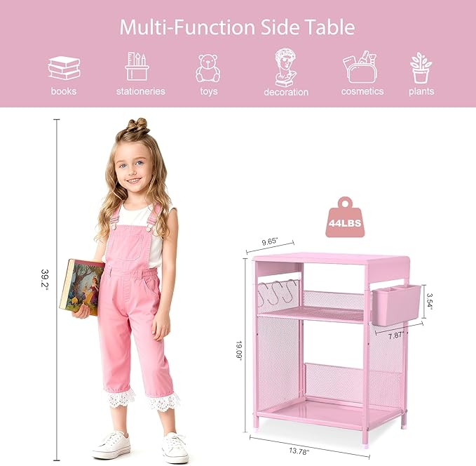 Kids Nightstand, 3-Tier Metal Side Table with Adjustable Storage Shelf, Basket & 3 S-Hooks, Small Bedside Table for Nursery, Toddler Bedroom and Small Spaces (Pink)