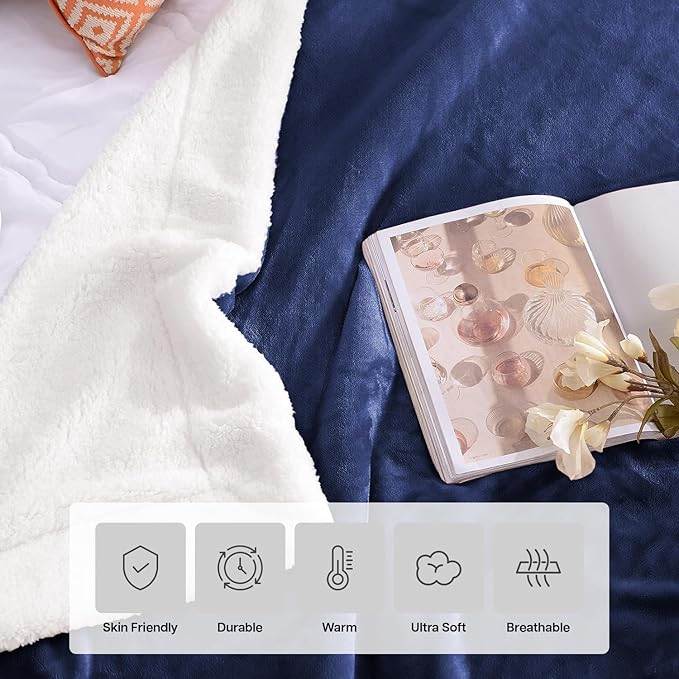 MOONLIGHT20015 Navy Sherpa Blankets Queen Size for Bed - Wholesale Bulk Pack of 9 Sherpa Blankets - Soft Fluffy Throw Blanket for Hotels, Guest Bedroom, 90x90 Inches