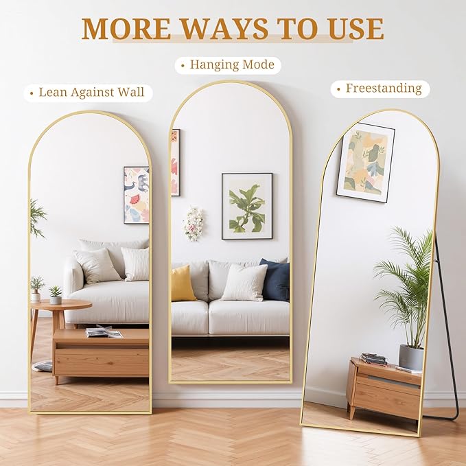 Full Length Mirror 71"x26" Full Body Mirror Arched Free Standing Wall Mounted Leaning Floor Mirrors with Stand Aluminum Alloy Frame for Bedroom Cloakroom, Gold