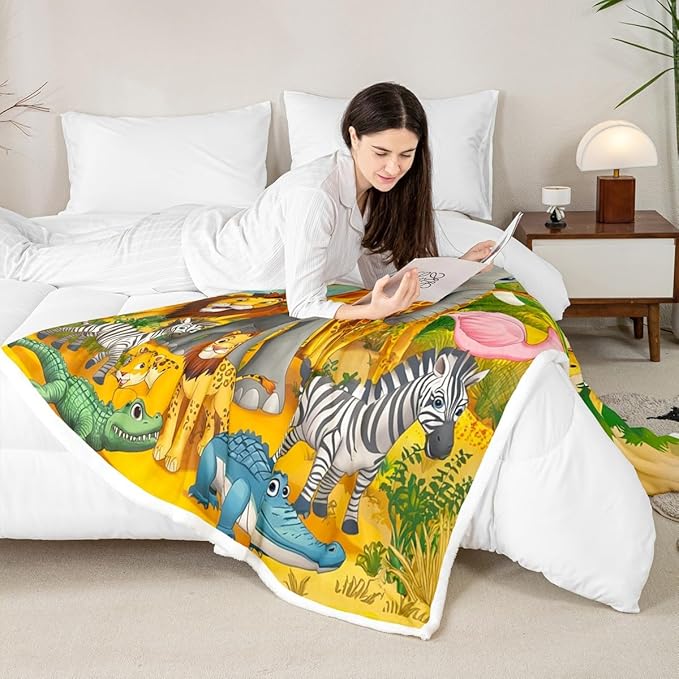 Giraffe Fleece Blanket Lemur Rhino Lion Sherpa Blanket Cartoon Safari Animals Blanket Throw for Kids Boys Girls Elephant Hippo Camel Snake Jungle Zoo Fuzzy Blanket Throw 50"x60" Child Room Sofa Decor