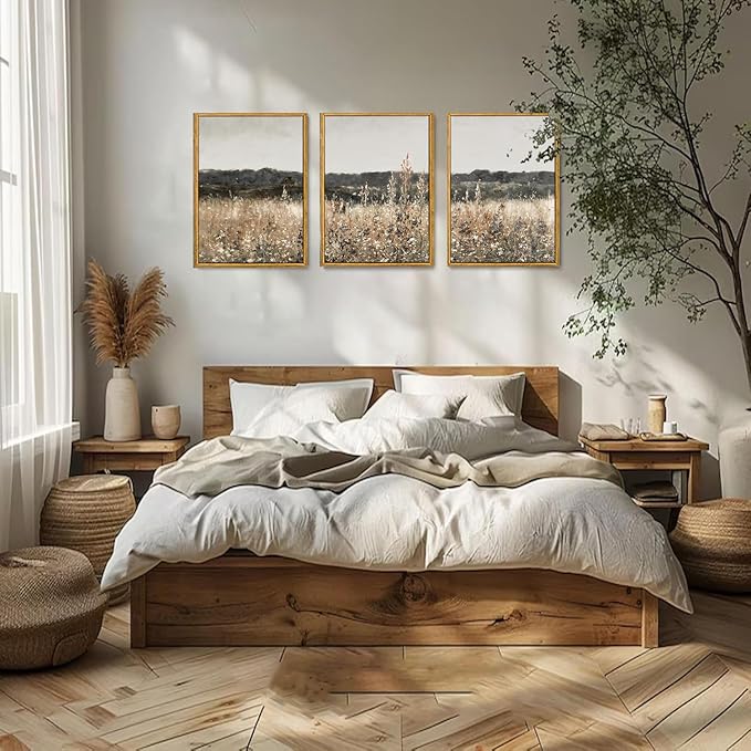 Wodkwq 3 Piece Vintage Landscape Canvas Wall Art Framed,Above Bed Wall Art,Farmhouse decor,Neutral Minimalist Wall Painting,Wildflower Art Prints For Living Room,Bedroom,Office 12x16in