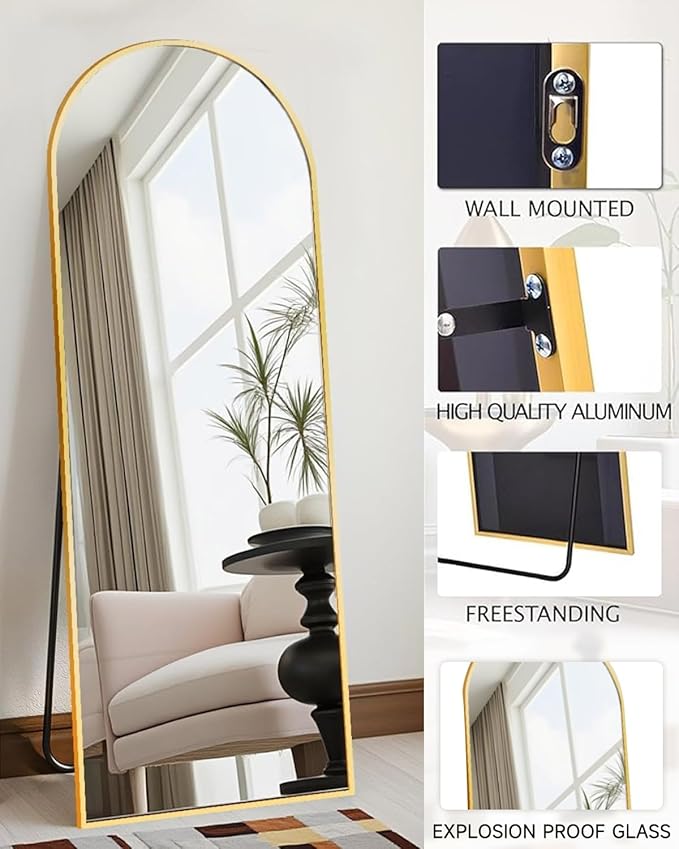 58"x18" Arched Full Length Mirror, Floor Mirror With Stand, Freestanding,Wall Mounted Hanging or Leaning Arched-Top Full Body Mirror for Bedroom, Dressing Room -Gold