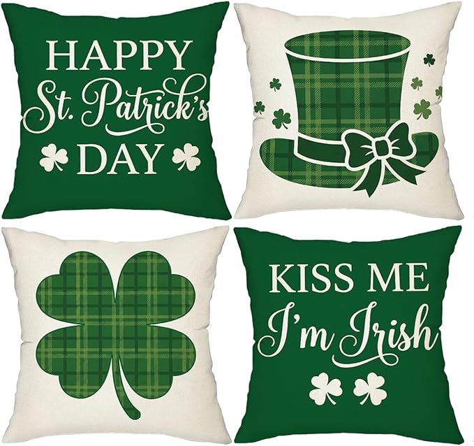 ONFAON St Patricks Day Decorations,St Patricks Day Pillow Covers 18x18 Set of 4 Scottish Tartan Plaid St Patricks Day Hat Farmhouse Classic Decorative Square Cushion Cases for Sofa Couch