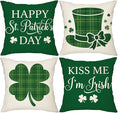 ONFAON St Patricks Day Decorations,St Patricks Day Pillow Covers 18x18 Set of 4 Scottish Tartan Plaid St Patricks Day Hat Farmhouse Classic Decorative Square Cushion Cases for Sofa Couch