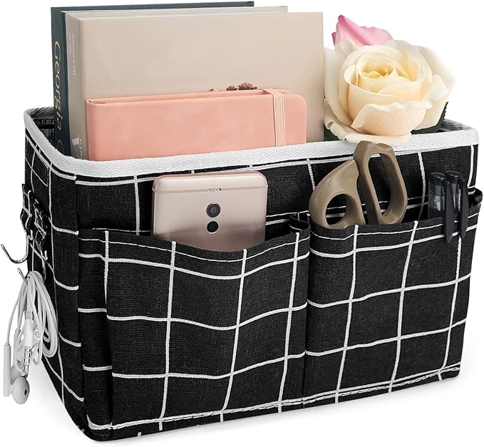 Ndeno Bedside Caddy Storage Bag Hanging Pocket Organizer for Bunk and Hospital Beds Crib,Dorm Rooms Bed Rails for Remotes Mobile Phone Keys, Glasses, Books (Black Plaid)