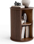 LINSY HOME Round Fluted End Table, Tall Side Table with Sliding Tambour Door and Storage Shelf, Modern Bedside Table, Mid-Century Nightstand for Living Room, Bedroom, Walnut