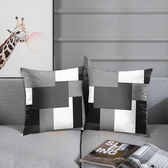 Emvency Set of 2 Grey Geometric Throw Pillow Cover Black Gray White Painting Abstract Checkered Design Decorative Pillow Case Modern Home Decor Standard Square 16x16 Inch Cushion Pillowcase