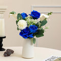 Fake Flowers with a Ceramic Vase for Centerpiece Table Decorations, Faux Blue Silk Rose in Vase, Flowers Arrangements Artificial Flowers Indoor for Dinning Coffee Table Home Decor(Blue White)
