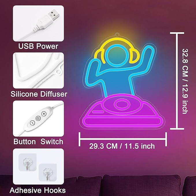 Cool Neon Sign for Wall Decor. Anywin DJ Player Neon Signs USB Led Lights with Dimmable for Bar Decor, Neon Decor Gifts for Birthday, Party for Bedroom Kidsroom Living Room Bar Gaming Room Men Cave