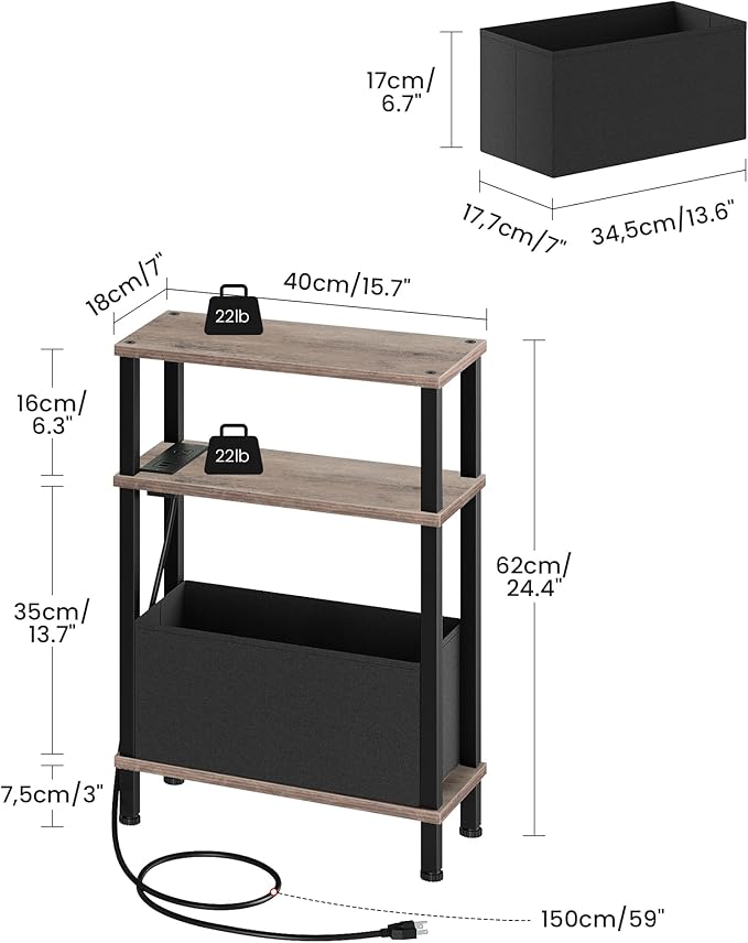 Small Narrow Side Table with Charging Station, Skinny End Table with Fabric Basket, Slim Nightstand for Small Spaces, Sofa Side Table, for Living Room, Bedroom, Greige and Black TBZ07UFH