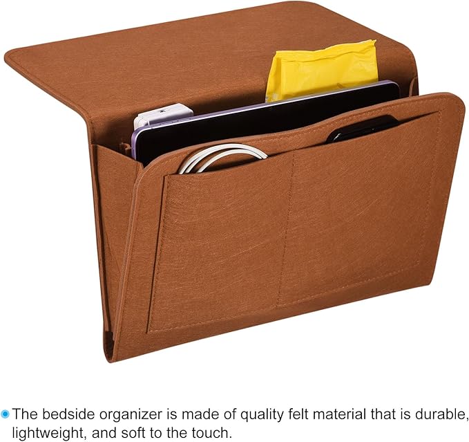 PATIKIL 13in Bedside Caddy, Bed Caddy Bedside Organizer Hanging Soft Felt 5 Pockets Bed Pockets Bedside Storage Organizer Remote Control Holder for Bedroom Phones Glasses, Brown