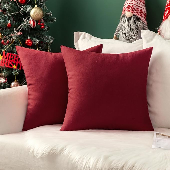MIULEE Pack of 2 Decorative Outdoor Solid Waterproof Throw Pillow Covers Faux Linen Garden Farmhouse Cushion Cases for Patio Tent Balcony Couch Sofa 18x18 Inch Wine Red