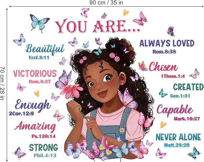 wondever Black Girl Magic Wall Stickers Butterflies Inspirational Quotes You are Beautiful Peel and Stick Wall Art Decals for Girls Bedroom Baby Nursery Kids Bedroom