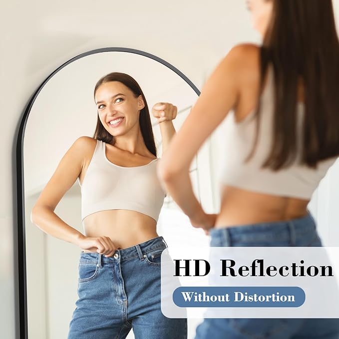 DUMOS Arched Full Length Mirror with Stand Floor Standing Aluminum Frame for Bedroom Body Hanging Leaning Modern Simple Home Decor Shatter-Proorf Nano Glass Wall Cloakroom Natural Black 59"x16"