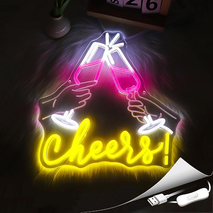 Neon Sign, Cheers Neon Signs for Wall Decor - LED Signs for Home, Party, Bars, Club - USB Powered Light Up Sign Decorations