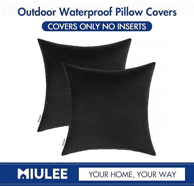 MIULEE Pack of 2 Decorative Outdoor Waterproof Pillow Covers Square Garden Cushion Sham Throw Pillowcase Shell for Spring Patio Tent Couch 18x18 Inch Black