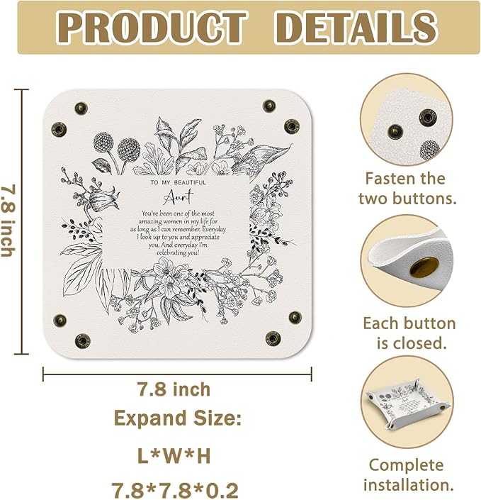 Aunt Gifts Leather Jewelry Valet Tray, Best Aunt Gifts for Christmas from Nephew Niece PU Leather Catchall Beside Caddy Nightstand Organizer Tray for Jewelry Rings Watches Keys, 7.8x7.8inch