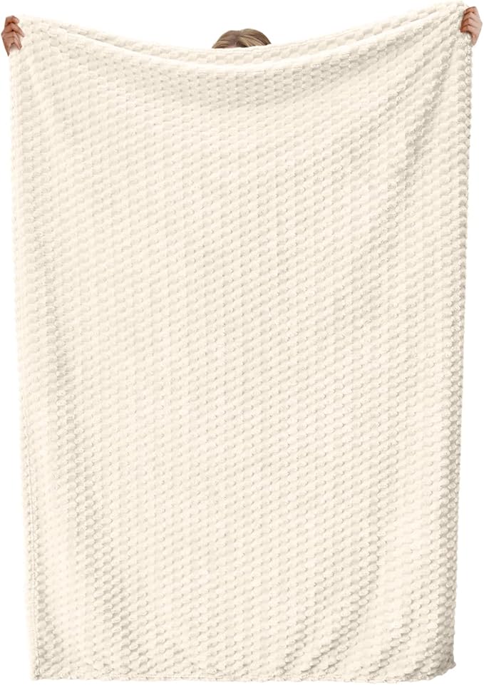 Vessia Flannel Fleece Queen Size Bed Blanket(90x90 inch), 3D Jacquard Cream Fuzzy and Warm Blanket for Adults, 300GSM Super Soft Touch Cozy Lightweight Ivory Bed Home Decor for All-Season