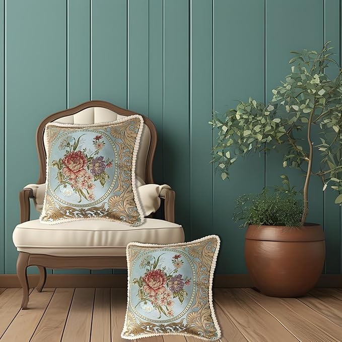 SZHELEJIAM Pillow Covers Set of 2, Jacquard Vintage Embroidered Pillow Cover, Soft Comfortable to the Touch Sofa Decorative Cushion Cover for Living Room, Bedroom, Balcony 18x18 Inch Blue