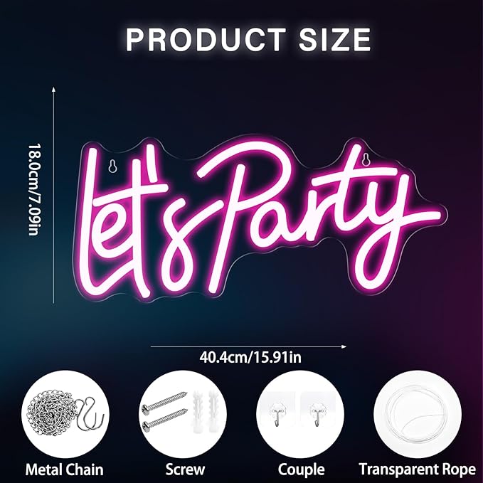 Let's Party Neon Sign, LED Dimmable Let's Party Light Up Sign Neon Light Signs for Wall Decor Art Decorative Lights for Birthday, Wedding, Bachelorette, Engagement Party Decorations 15.91x7.09 Pink