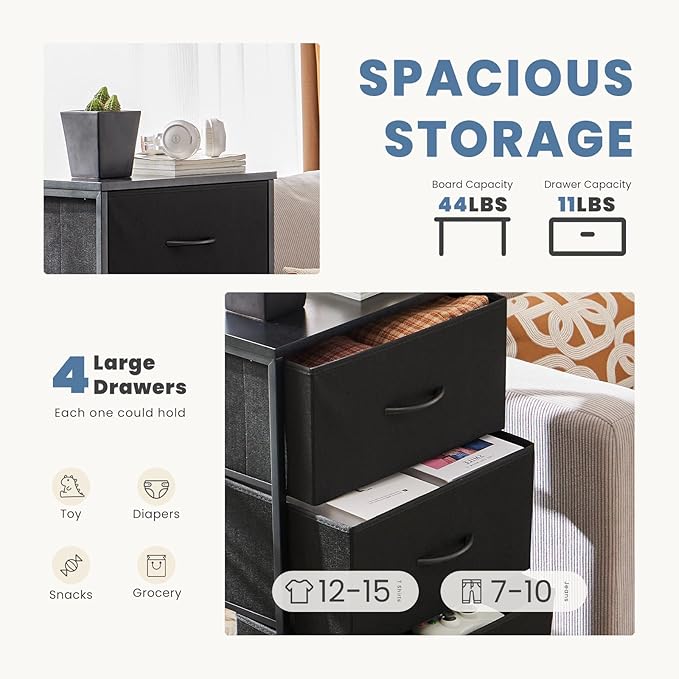 DUMOS Nightstand with 4 Drawers Bedside Table with Removable Fabric Bins Sturdy Steel Frame Wood Top Organizer Furniture for Bedroom Closet Living Room