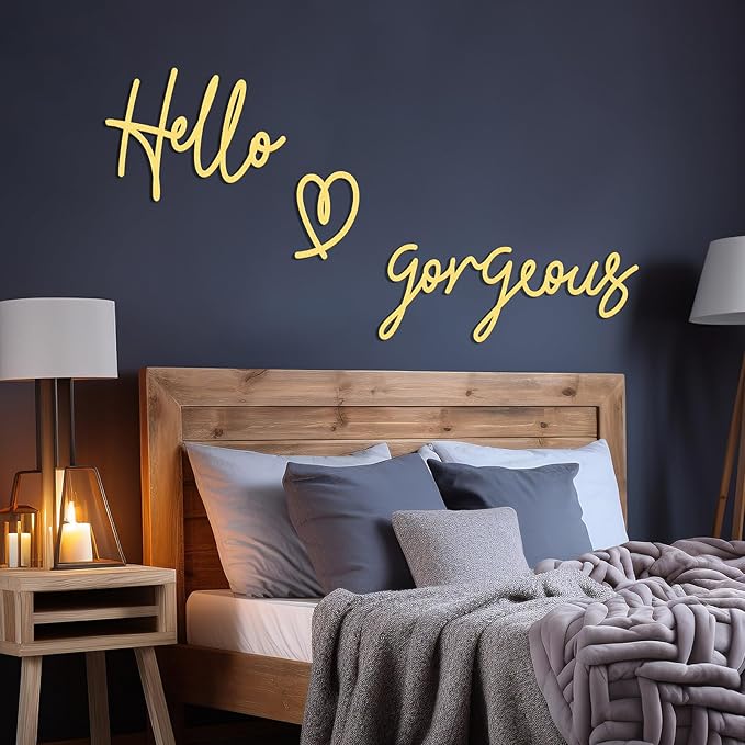 Bnesi Hello Gorgeous Heart Sign Wall Decor Black Metal Wall Decor Modern Hello Gorgeous Elegant Metal Wall Art Decor for Bathroom, Bedroom, Lash room (Gold, Large)
