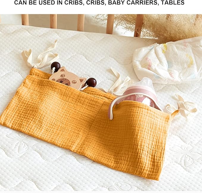 Crib Organizer Hanging for Crib, Linen Baby Bedside Hanging Storage Bag Bedside Caddy Baby Bottle Storage Organizer 2 Pockets Organizer for Baby Cribs and Toys, Turmeric