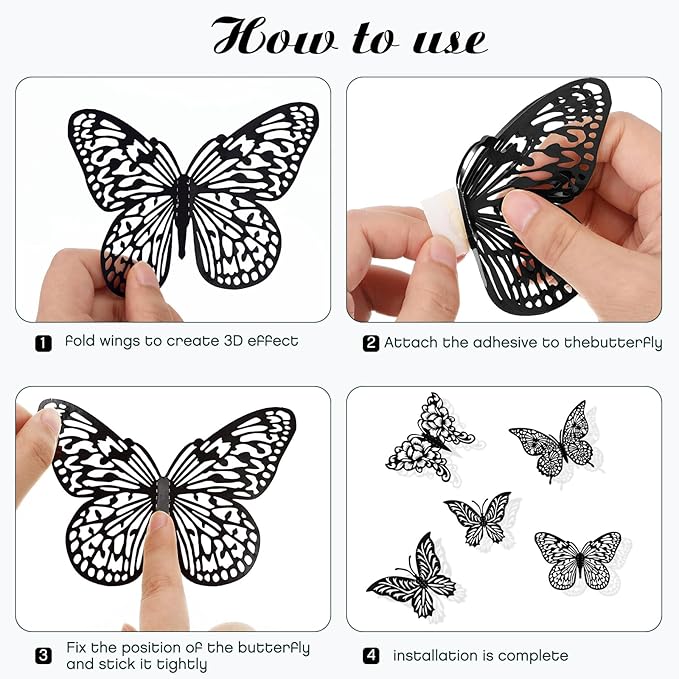 3D Butterfly Wall Decor 96Pcs 3 Sizes 4 Styles Butterfly Party Decorations Cake Decorations Removable Stickers Wall Halloween Decor Room Mural Metallic Kids