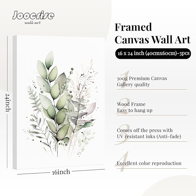 Watercolor Botanical Wall Art Set of 3 Boho Floral Canvas Wall Decor Prints Sage Green Wildflower Wall Art Modern Flower Pictures Botanical Painting for Bedroom Bathroom 16x24 Inch Wrapped Canvas
