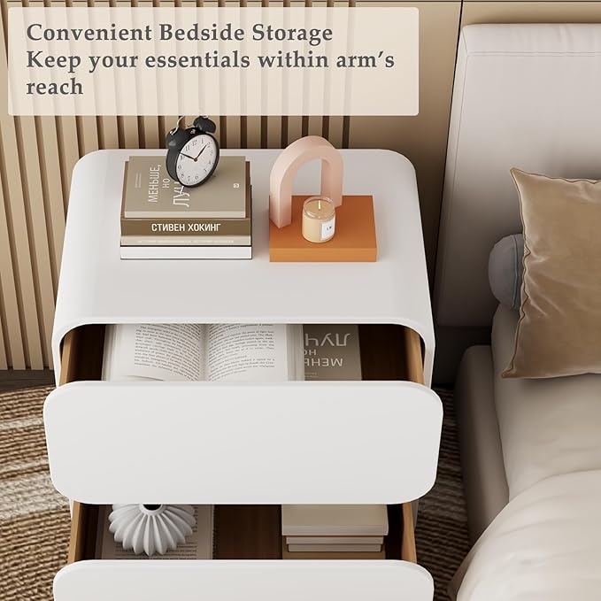 Modern Nightstand with Storage, Small End Table with Upholstered Leather Finish, 2 Solid Wood Drawers for Bedroom Bedside Couch