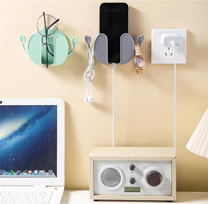 4-piece Wall Mount Phone Holder, Adaptive Remote Holders, wall mounted storage boxes, can be used for mobile phones, remote controls, keys, crab wall shaped storage boxes (Green,Orange,Grey,White)
