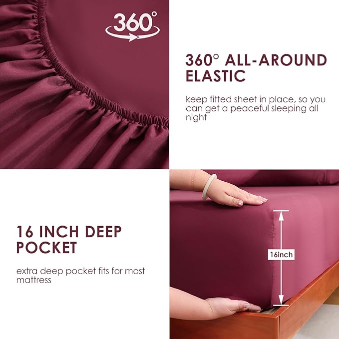 JSD Burgundy Full Sheet Set with Side Pocket Corner Straps, 4 Piece Soft Microfiber Bed Sheets Extra Deep Pocket