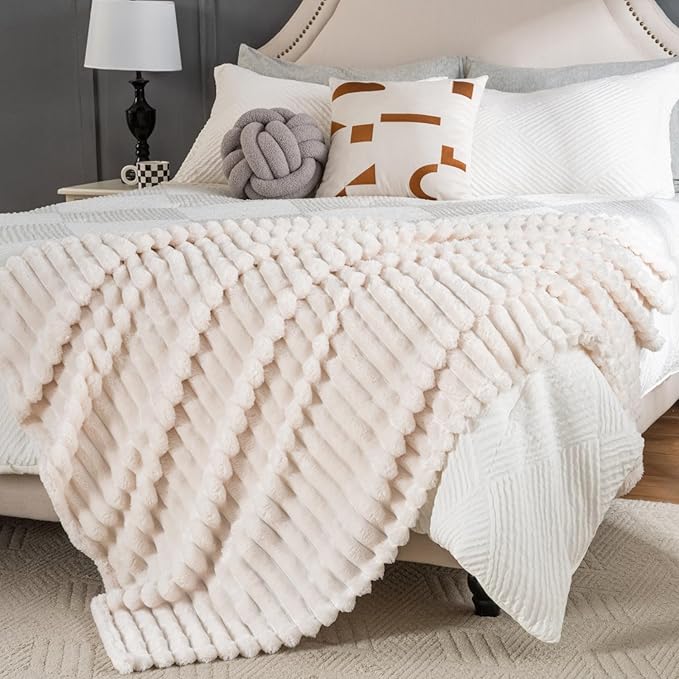 Wider Striped 380gsm Thick Beige Throw Blanket for Couch Super Soft Cozy Blankets for Women Fuzzy Fleece White Blanket for Bed Sofa 50x60
