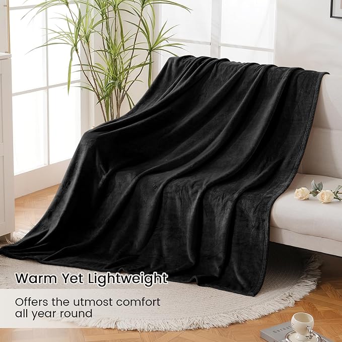 Throw Blanket for Couch, Flannel Fleece Blanket, Warm Plush Throw Blankets for Girls, Fuzzy Soft Blanket for Bed, Sofa, Travel, Camping, 50" X 60", Black