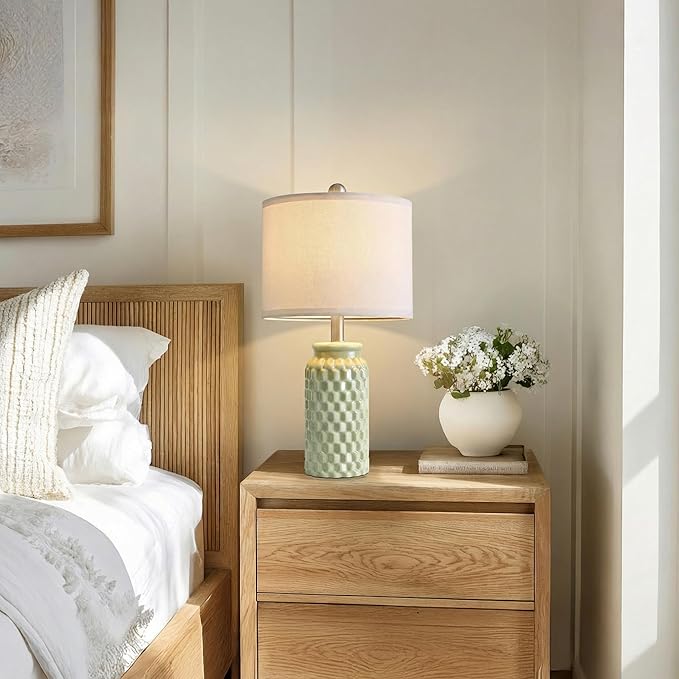 20.5" Small Bedside Lamps Set of 2 with 5FT Cord, Green Ceramic Modern Farmhouse Table Lamps for Nightstand, Living Room, Bedroom, 3D Honeycomb Stylish End Table Lamps(Bulb Not Included)