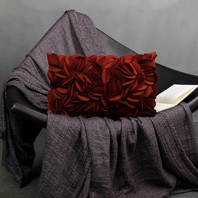 KINGROSE Handmade 3D Flower Soft Home Decorative Throw Pillow Case Rectangle Cushion Cover for Sofa Couch Chair Bed 12 x 20 Inches Solid Suede Rust Red