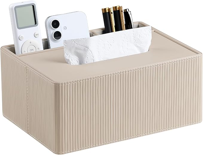 Tissue Box Cover Rectangle with 2 Compartments Remote Holder, PU Leather Tissue Box Holder Rectangle for Livingroom NightStand, Tissue Holder for 120(3-Ply)/160(2-Ply) Tissue Box (Beige)